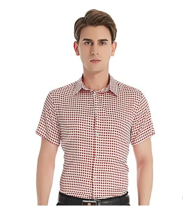 

Red small check printed silk shirt men collar short sleeves mulberry silk Europe and the United States thin simple fashion