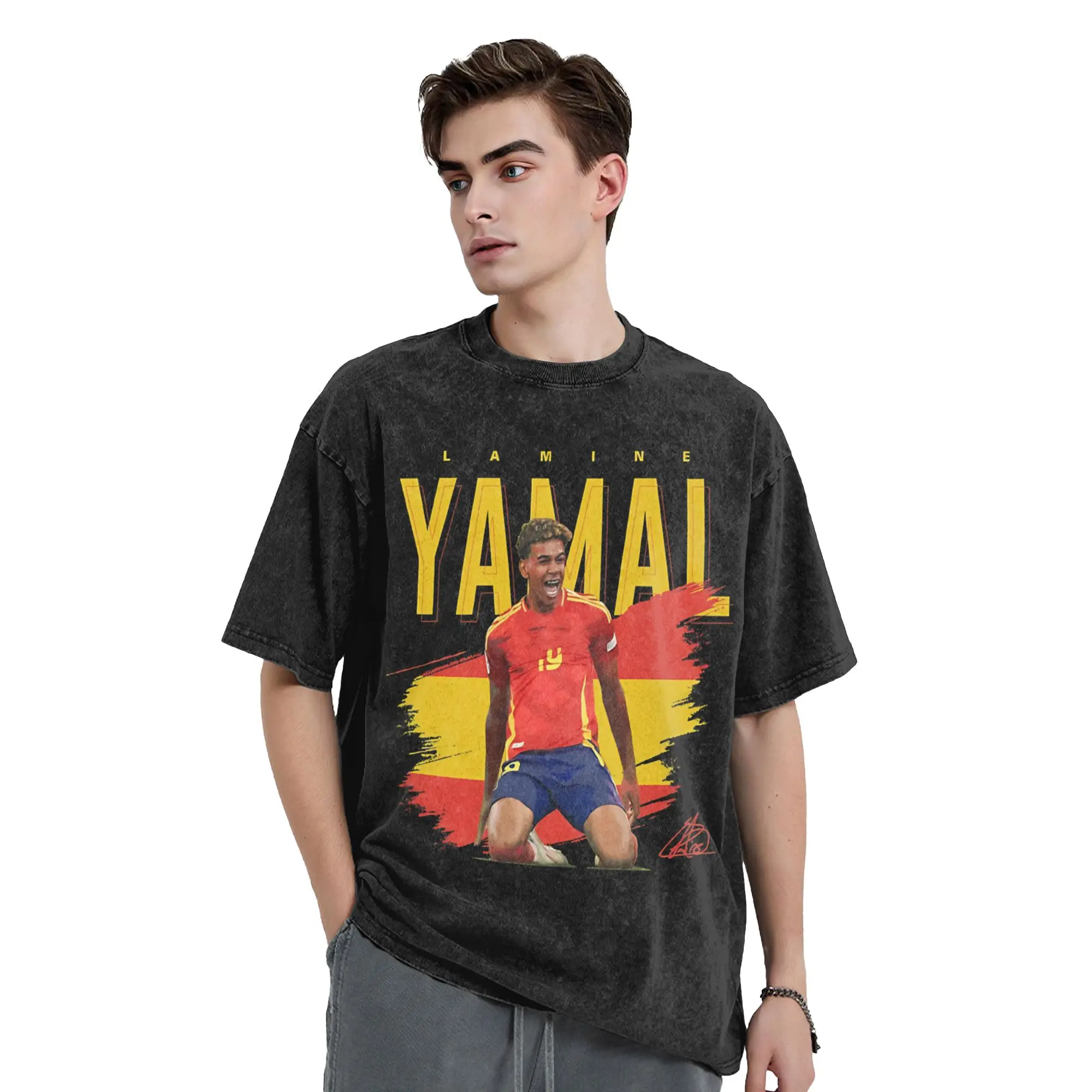 Washed T Shirt Lamine Y-Yamal Hip Hop T-Shirts Oversize Football Soccer Streetwear 100% Cotton Printed Tops Tees for Men Women