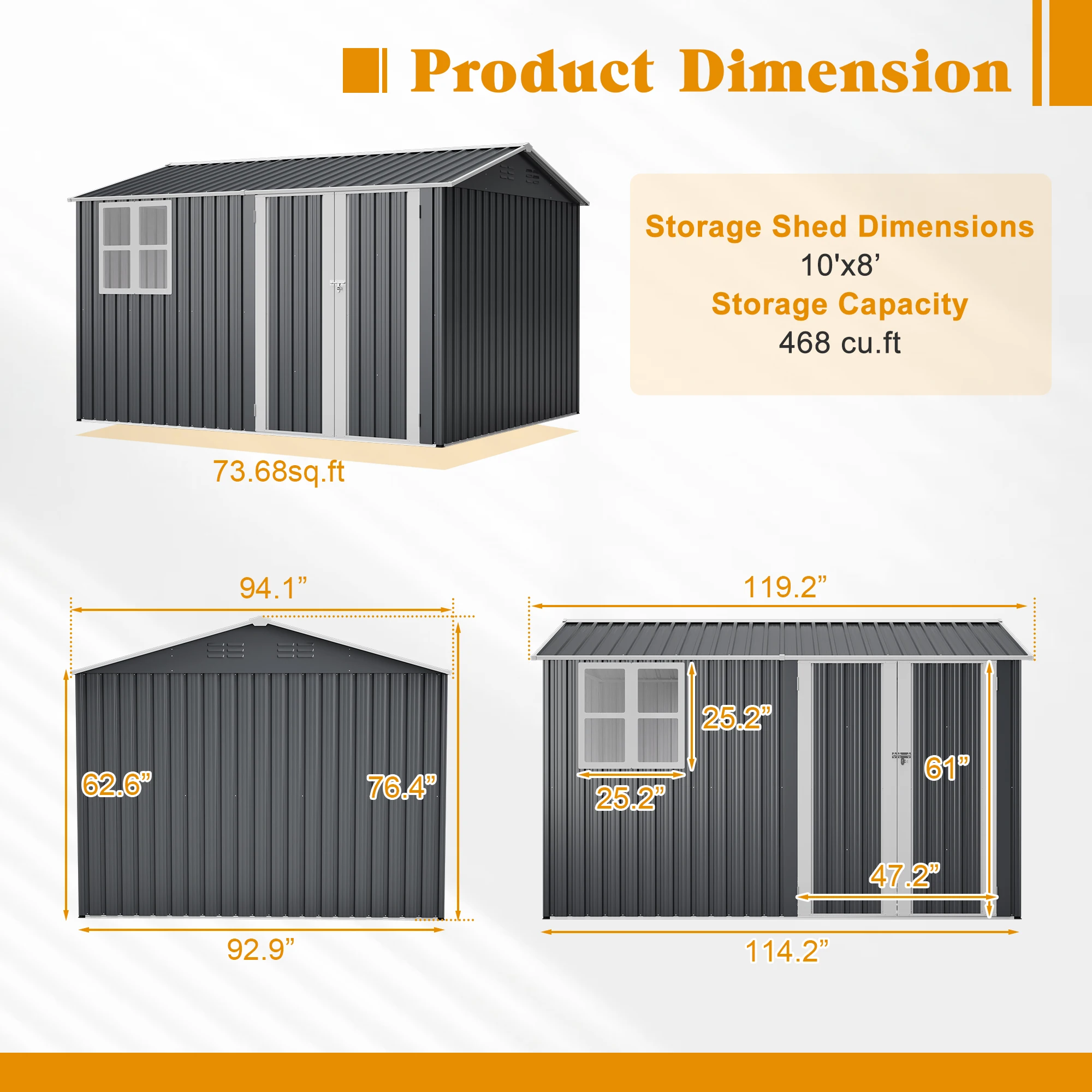10x8 FT Outdoor Steel Storage Shed Clear Window Lockable Doors Weather Resistant Garden Tool Shed for Backyard Patio Gray
