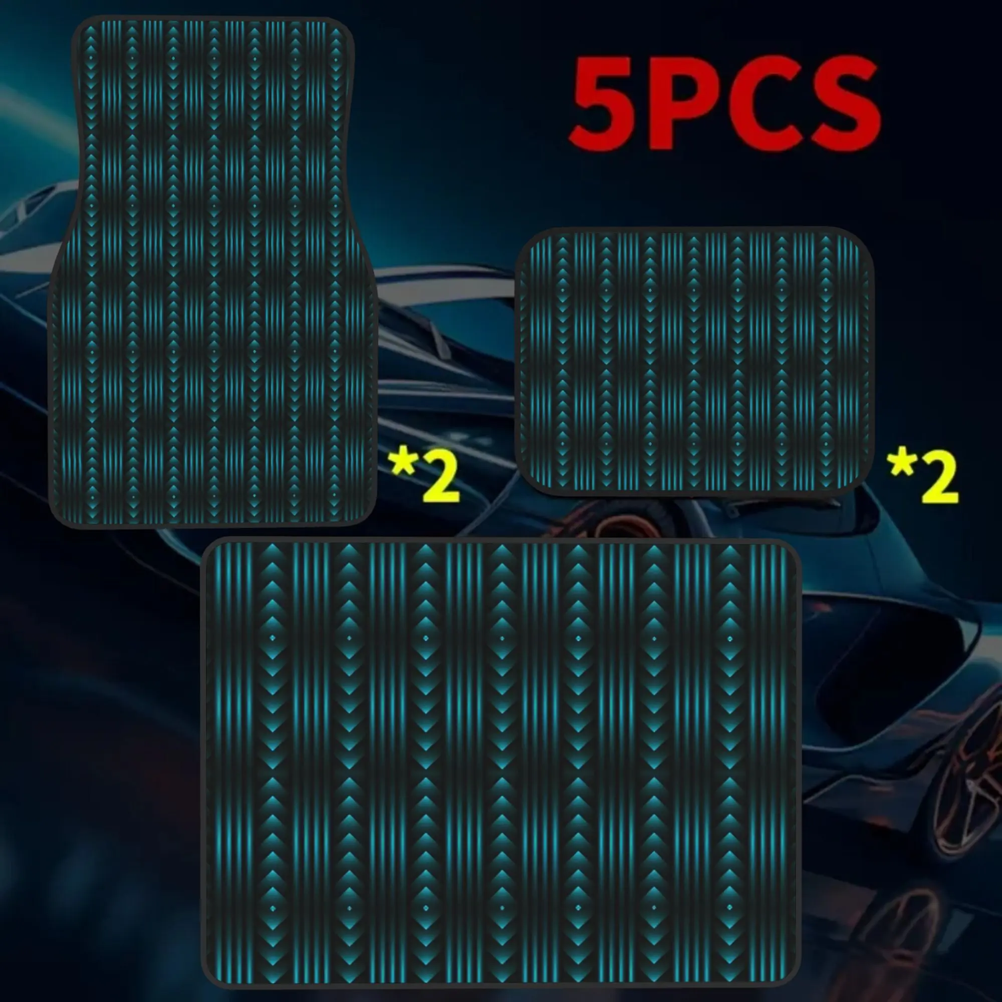 2D Plane 5pcss Teal Vertical Stripe Diamond Print Car Floor Mat | Trunk Liner -5pcss Set (Including 4 Floor Mats And 1 Trunk Lin