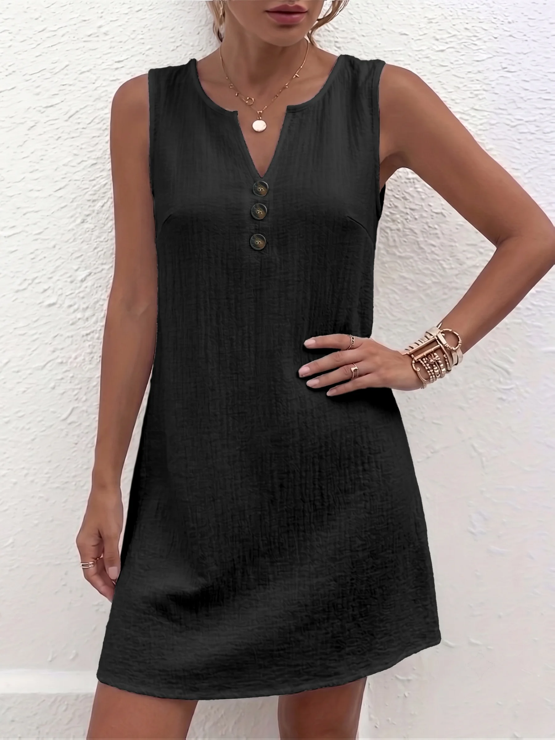 Ärmelloses Freizeitkleid in Übergröße mit Knopfdetails für mühelosen Stil und Komfort – Detail 1