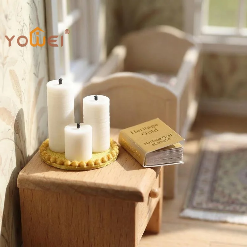 Latest 4Pcs Home Ornament 1:12 Dollhouse Mini White Candle Miniature Tray Set Playhouse Toys Christmas Scene Decoration