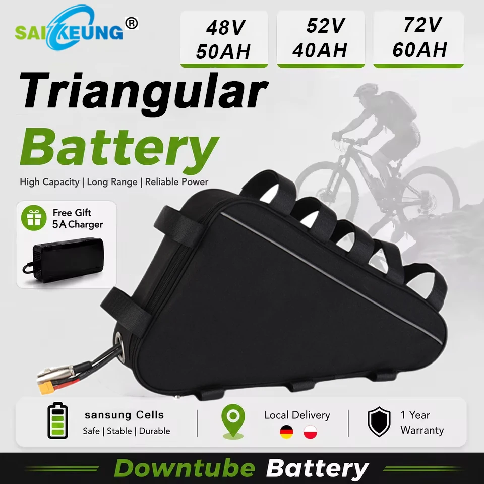 Triangle Lithium Battery 48V 36 52V 60V 72V45AH 40AH 30 50 60Ah 21700 Cells for Commuter / Mountain E-Bike 2000W 3000W Hub Motor