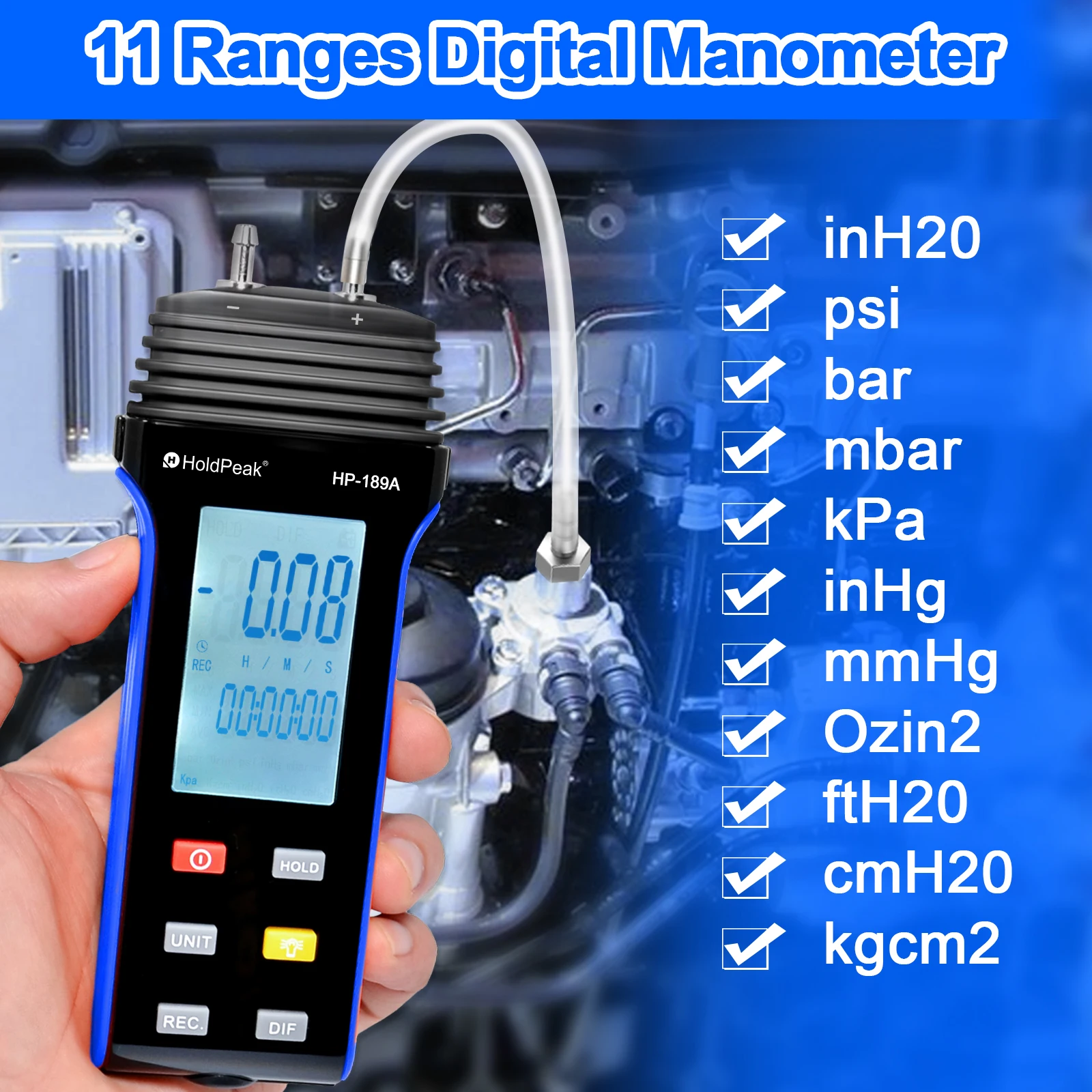 HP-189A Digital Manometer Dual-Port Manometer Gas Pressure Tester LCD Display With Backlight for any gas pressure system trouble