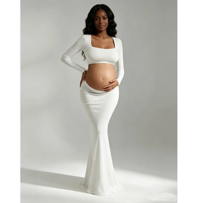 Maternity Photoshoot Long Mermaid Dress, Square Neck Cut Out Belly Open Back Pregnancy Gown, High Elastic Slim Maxi Dress view 2