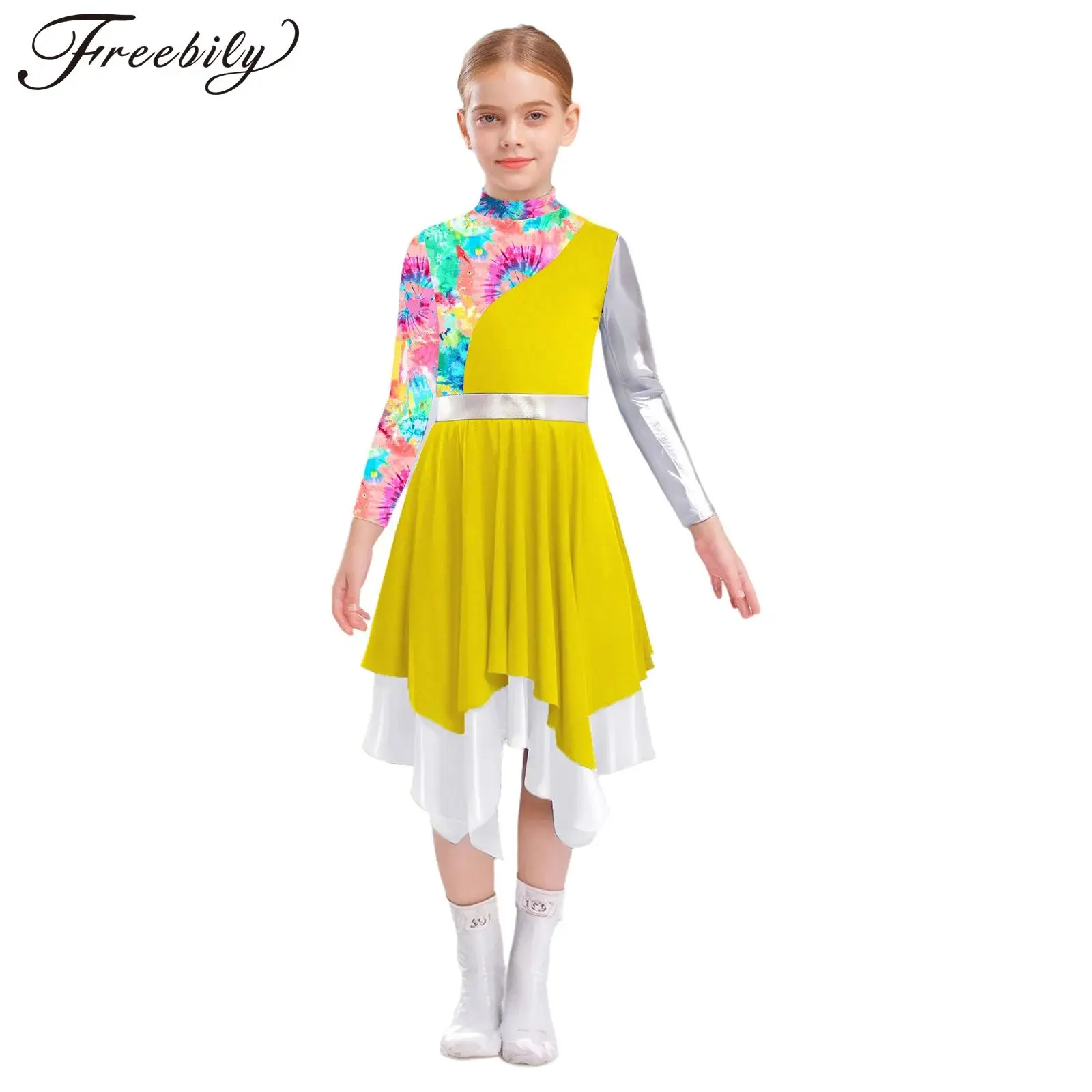 Kids Girls Liturgical Praise Lyrical Dance Tunic Dress Metallic Printed Irregular Dress Christian Church Choir Worship Dancewear