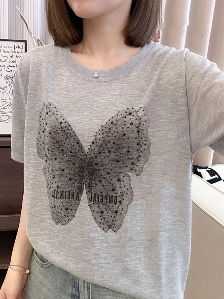 تي شيرت نسائي صيفي جديد Sle مطبوع عليه حجر الراين مستدير Ne ort Sve محبوك فضفاض مناسب للبطن غطاء أنيق...