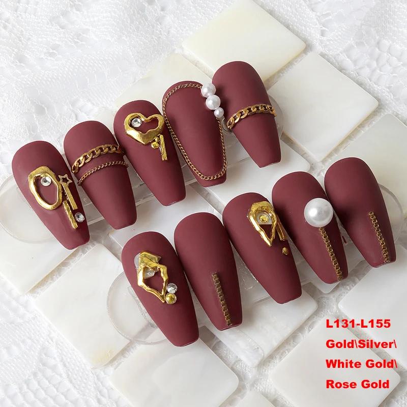 

10PCS Luxury Charm Nail Parts Nail Decoration Gold Silver Colors Metal Jewelry Combination DIY Manicure Art L131-L155