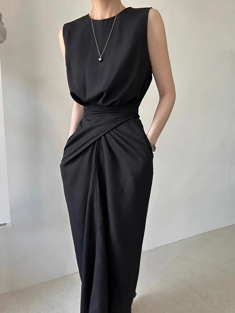 فستان صيفي أنيق بخصر مرتفع وياقة مستديرة مع تصميم حزام معقود، فستان نحيف على الطراز الكوري للنساء، تنورة طويلة