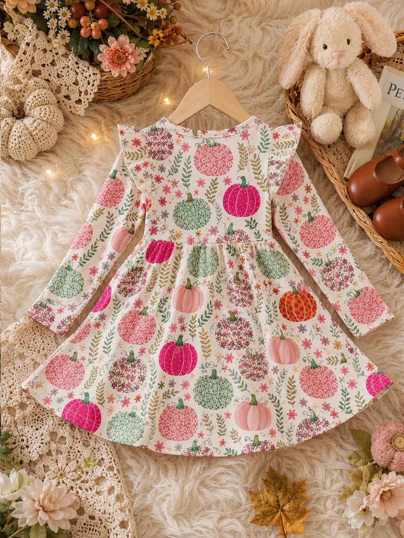 Pumpkin Apricot Orange, Cute Pastoral Story Colorful Pumpkin Floral Illustration Print, Girls' Casual Round Neck Flutter Sleeve Long Sleeve Dress, Suitable For Autumn/Winter Daily, Farm, Halloween, Thanksgiving, Cozy Vibes, Fall Vibes