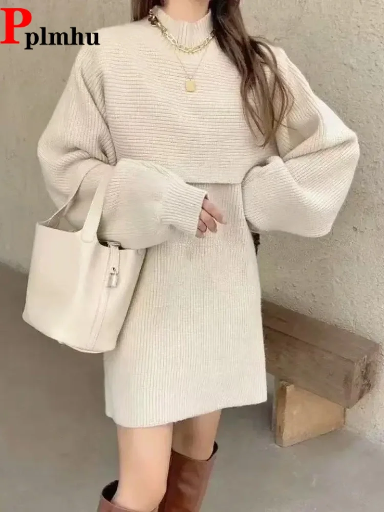 Conjunto Casual de 2 Piezas para Mujer, Tejido Suave, Cuello Medio Alto, Top de Manga Larga, Vestido Holgado con Mangas Farol