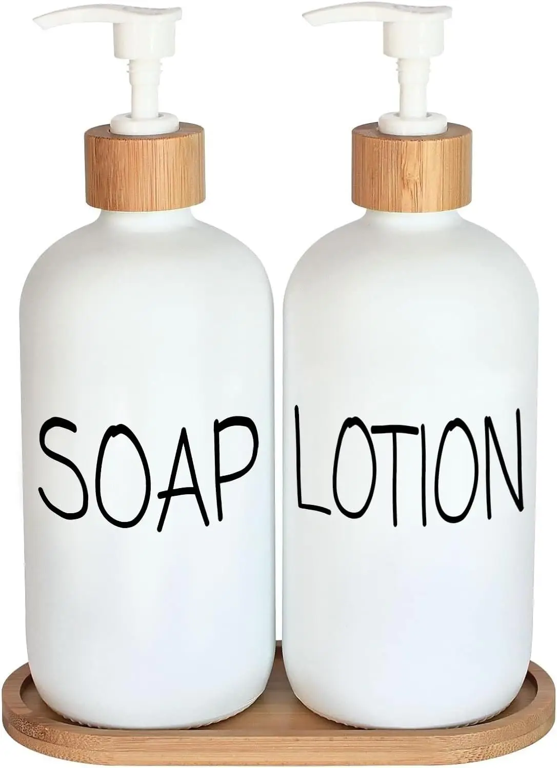 

White Soap Dispenser Set with Glass Bottles, Bamboo Pumps & Tray for Bathroom and Kitchen Decor