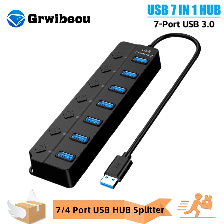 

7/4 Port USB HUB Splitter With Individual Switch USB 3.0 Adapter Hub Multi-Port Socket Powered ON/OFF Switch Charger Splitter