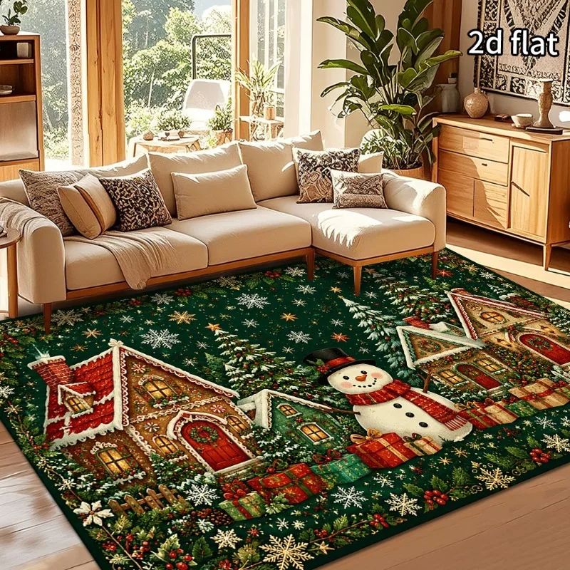 Dark Green Gingerbread House Snowman Area Rug Pine Berry Snowflake Print Large Floor Carpet Christmas Holiday Living Room Decor