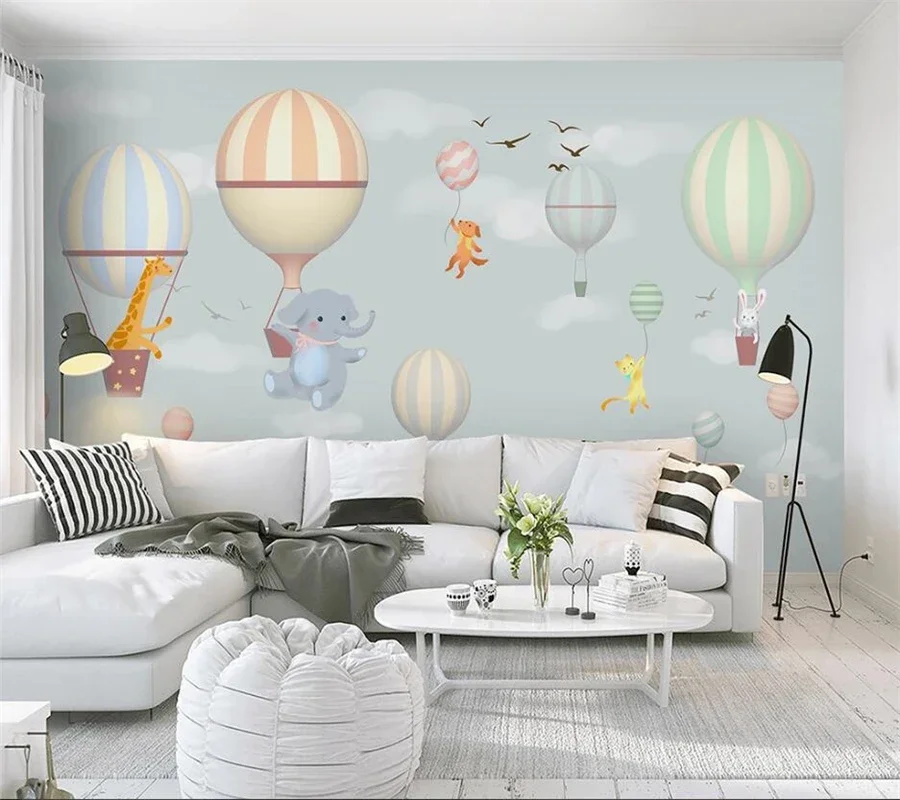 Custom Behang 3d Papel De Parede Heteluchtballon Olifant Konijn Handgeschilderde Sneeuwvlok Cartoon Kinderkamer 3d Behang