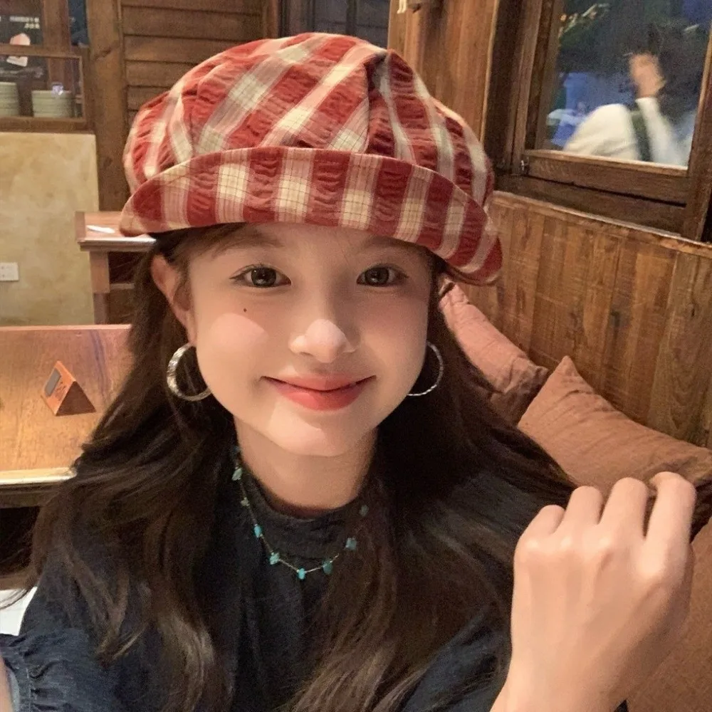 Fashion Soft Plaid Beret Hat Irregular Octagonal Retro Style Octagonal Hat Thin Brim Vintage Painter Artist Cap Women Girls