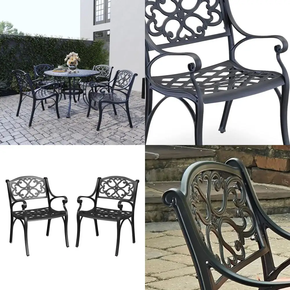 

Black Cast Aluminum Outdoor Dining Chairs Set of 2 with Armrests and Backrests for Patio, Garden, Pool, and Beach