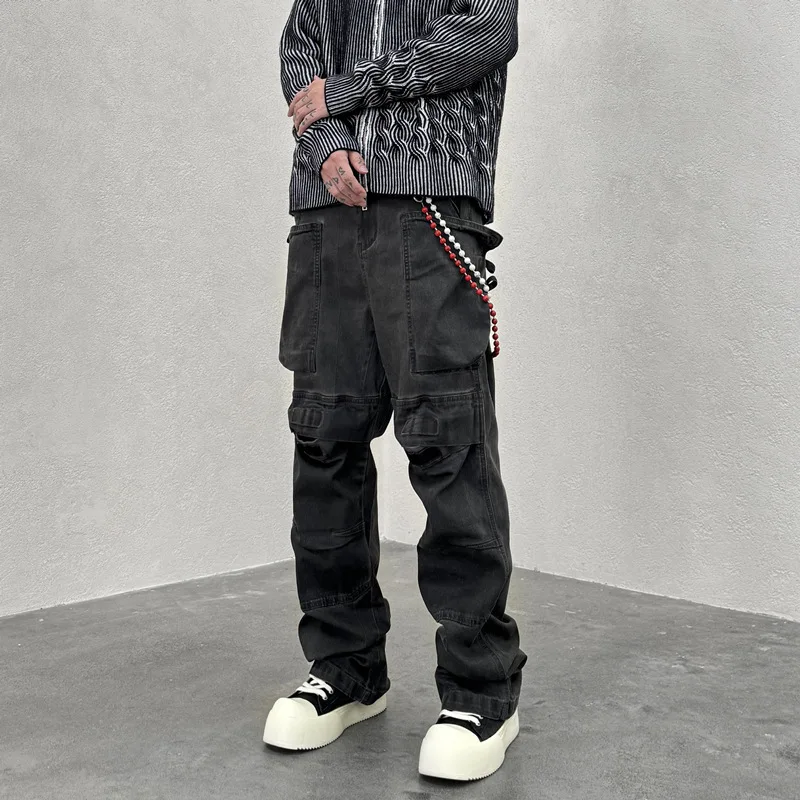 

Мужские джинсы в стиле ретро, прямого кроя, с декоративными элементами, повседневные, в стиле хип-хоп, свободные, длинные брюки со средней посадкой и застежкой-молнией