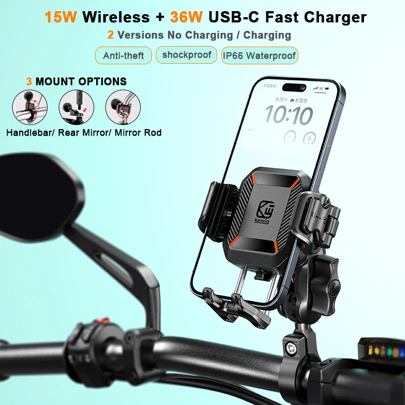 Apex Rush Motorcycle Phone Holder 15W Wireless 36W USB-C Fast Charging 360 Rotation Anti-Theft Shockproof Scooter Bike ATV Mount