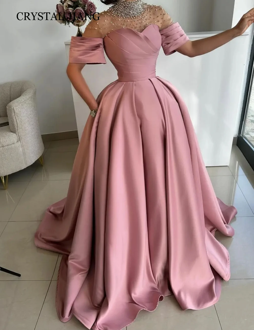 Luxury Long High Neck Pearl Beaded Satin Prom Dresses Short Sleeves A Line Sweep Train Vestidos De Formatura