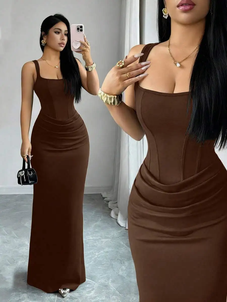 

Brown Square Neck Bodycon Dress With Waist Drape And Faux Boning, Fish Tail Gown For Party Date Wedding Guest