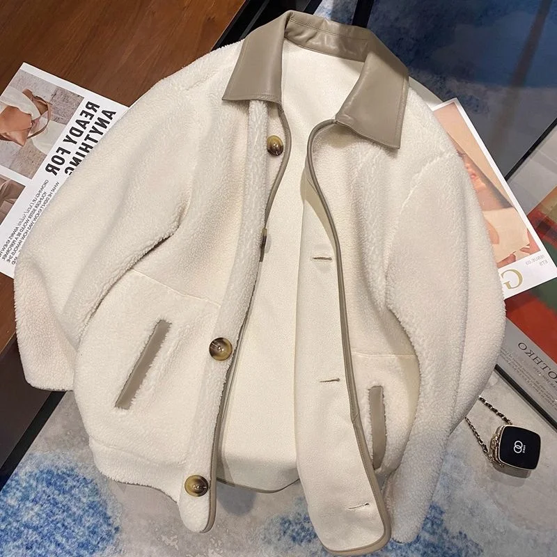 

plus Size Women's Casual Lamb Fur Jaet Loose Fit Winter Coat Thiened Korean Sle Collar Button Patchwork Outerwear