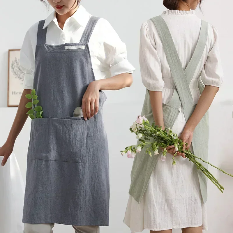 Women Japanese and Korean simple apron denim apron cotton and linen solid color blouse kitchen Florist coffee shop apron