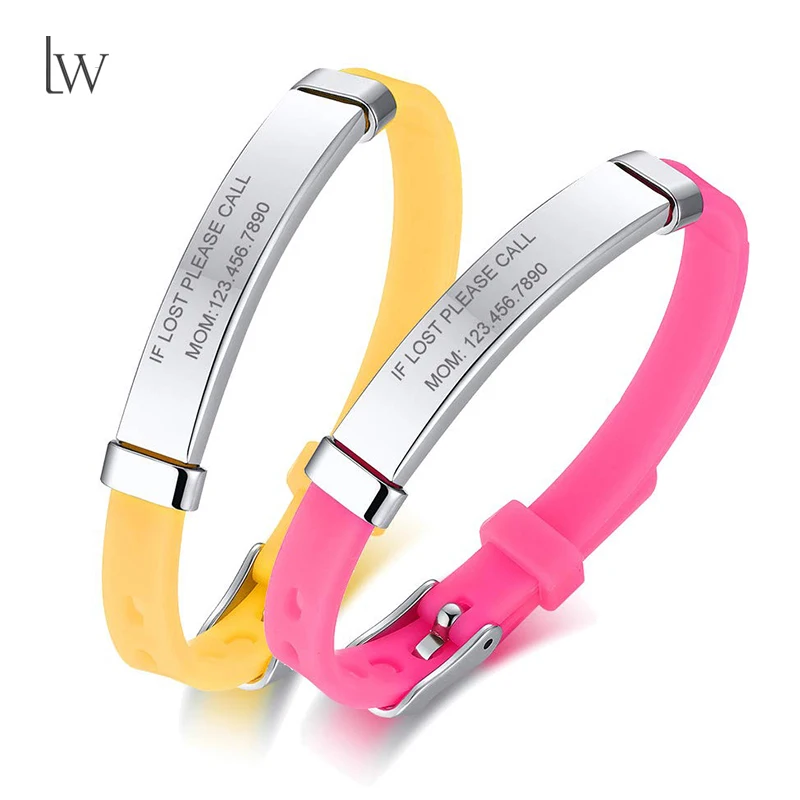 Personalized Stainless Steel Soft Silicone Child Safety ID Bracelets Anti-Lost Custom Name ID Wristbands for Kid Girls Boys
