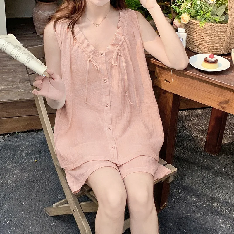 Vernis Women's High-End Pure Cotton Summer Pajama Set, Thin Double Layer Yarn Shorts for Comfortable Outdoor Loungewear XXL