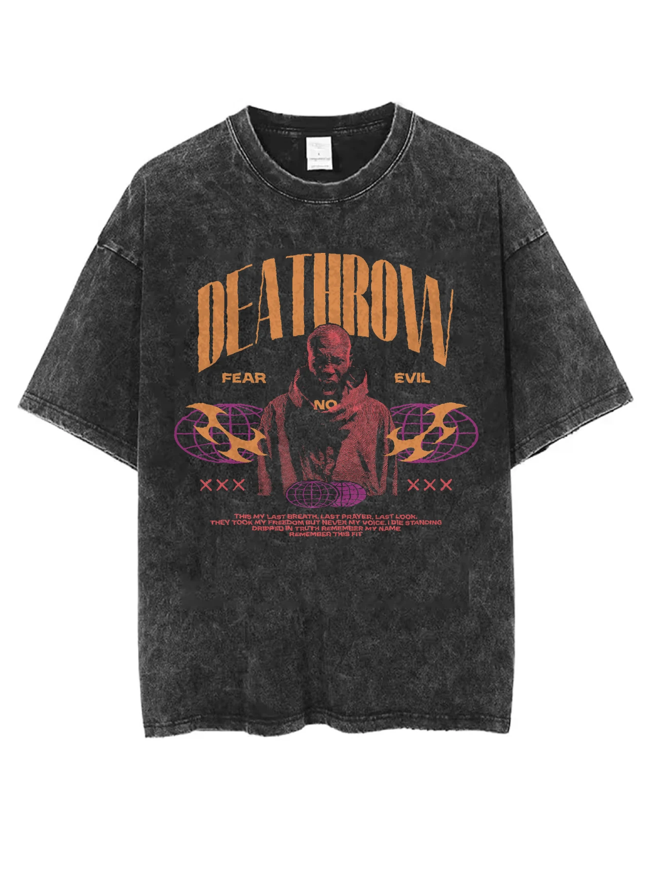 

DEATHROW Dog Washed Black Round Neck T-Shirt for Men Women Loose Fit Comfortable for Christmas Winter