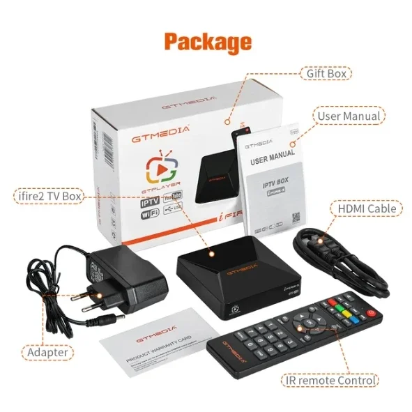 GTMEDIA-Ifire 2 M3U TV Box ، جهاز فك تشفير مشغل الوسائط ، جهاز التحكم عن بعد TBT الذكي ، جهاز ضبط الإنترنت ، دعم M3U ، HEVC H.265 ، 1V ، 0Bit ، ساخن