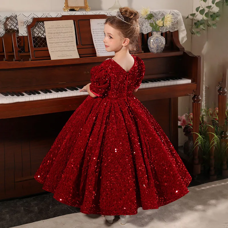 เด็กผู้หญิงชุดกระโปรง Tutu ใหม่ high-end Catwalk สีแดงเครื่องแต่งกายวันเกิดโฮสต์เปียโนเจ้าหญิงกระโปรง