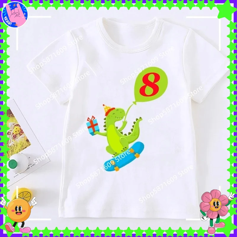 تي شيرت مطبوع للأطفال على شكل ديناصور سكوتر مقاس هدية بالون كاجوال للأولاد والبنات بأكمام قصيرة