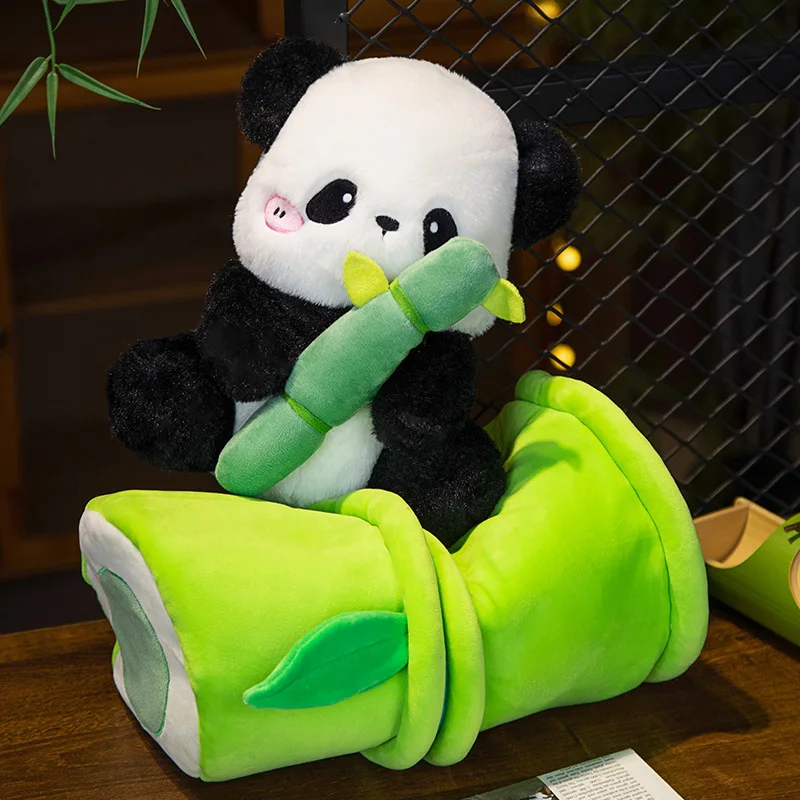 

Cute Funny Bamboo Tube Panda Plush Toy Stuffed Soft Kawaii Panda Holding Bamboo Shoots Plushies Pillow Dolls Kids Girls Gifts