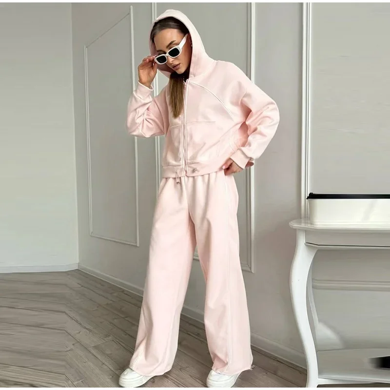 Damen-Hosen 2-teiliges Set: Kapuzenjacke mit langen Ärmeln und Reißverschluss, elastische Taille, weit geschnittene Hose, schicke Damen-Sportbekleidung, neues Herbst-Outfit. – Detail 2