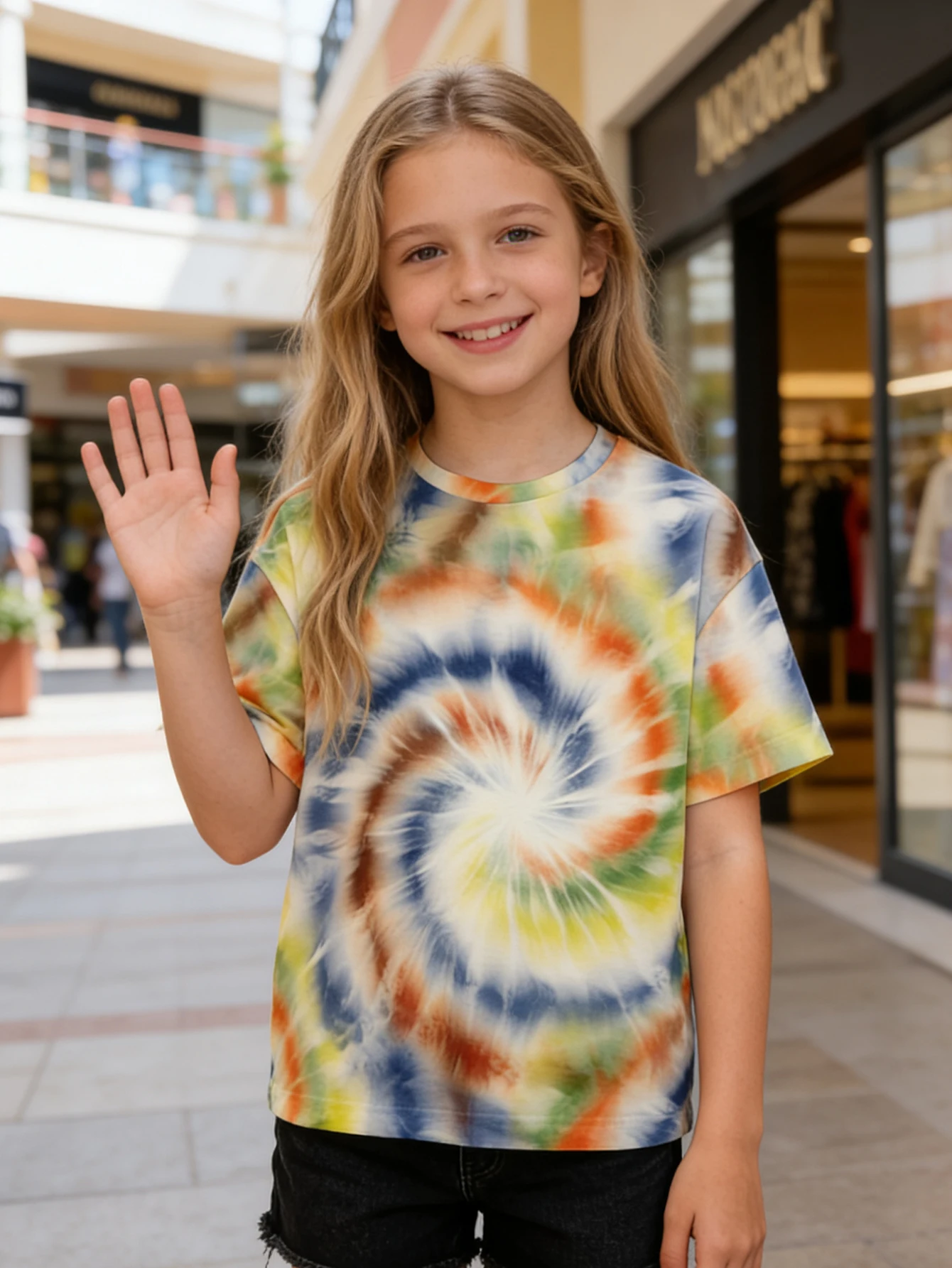 2026 Girls' fresh and colorful tie-dye T-shirt, soft mixed color spiral children's clothing