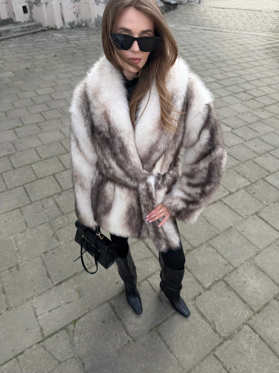 LIMO Gradient Women Faux Fox Fur Jacket Open Front Loose Fluffy Long Sleeve Furry Coat