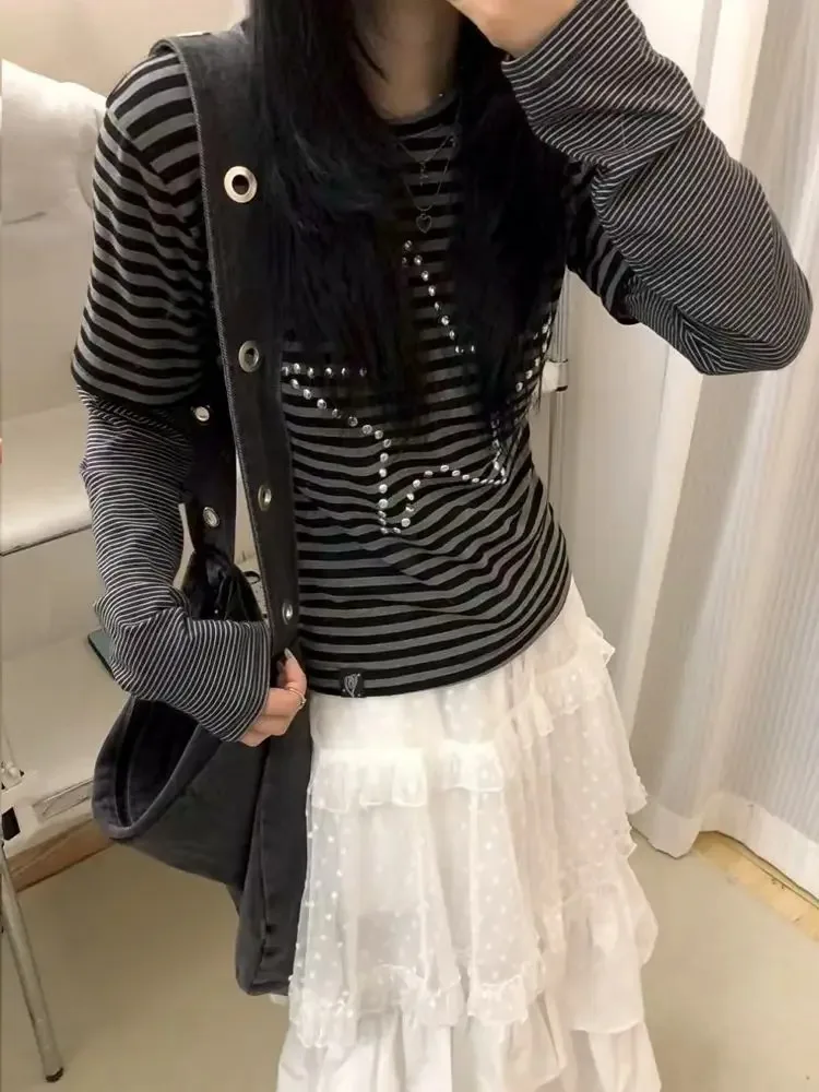 النساء تي شيرت ستار الحفر الساخن مخطط وهمية قطعتين المرقعة كم طويل الخريف موضة Y2k بلايز أنثى عادية المحملة #2