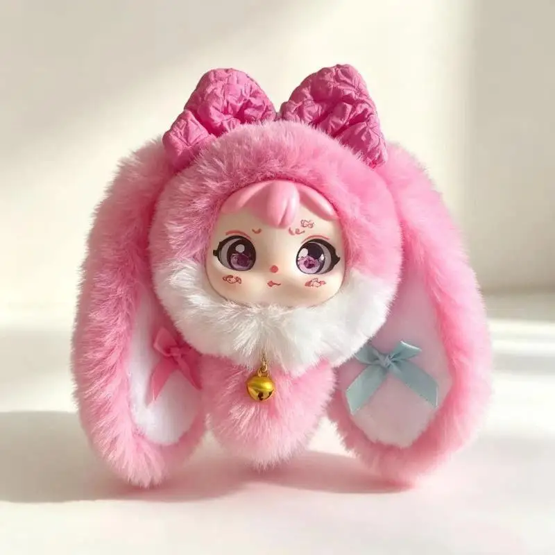 Soft Fluffy Long Eared Bunny Plush Toy Kawaii Face Bow Bell Perfect For Kids Gift Collection Backpack Decoration Student Gifts