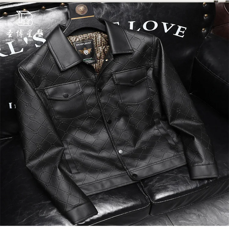 Men's autumn and winter new trend new products dark print vintage leather jacket