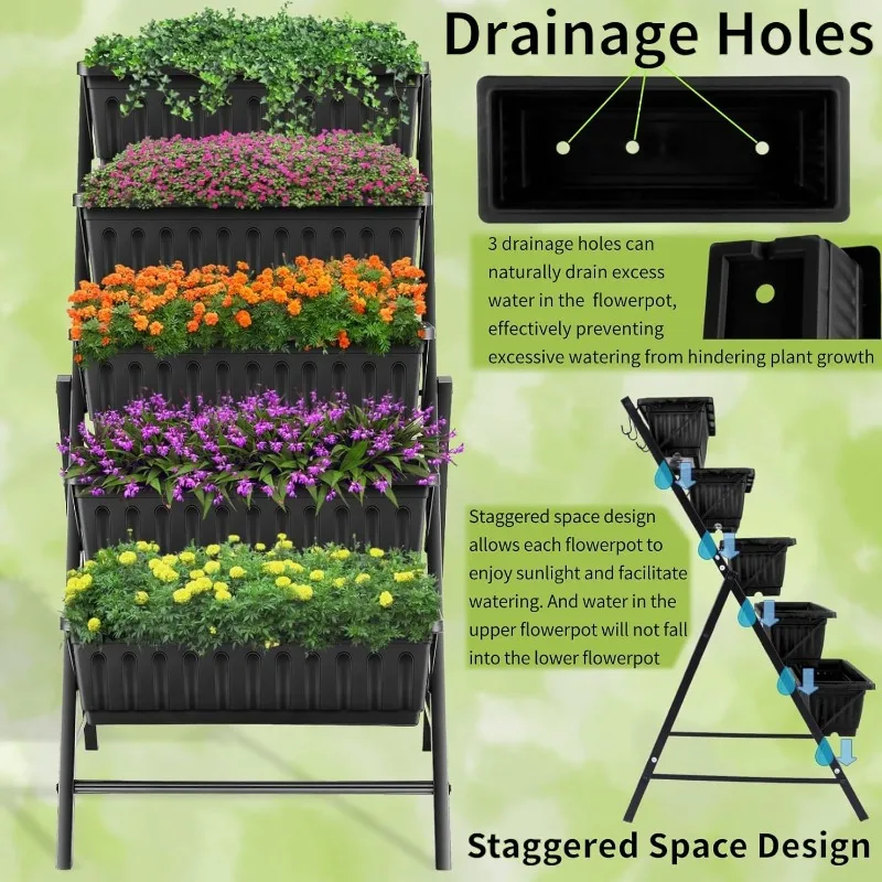 3.74FT Vertical Garden Bed, 5 Tiers Vertical Raised Garden Planter, 23 * 26 * 45Inch Outdoor Garden Raised Bed with 4 Hooks,