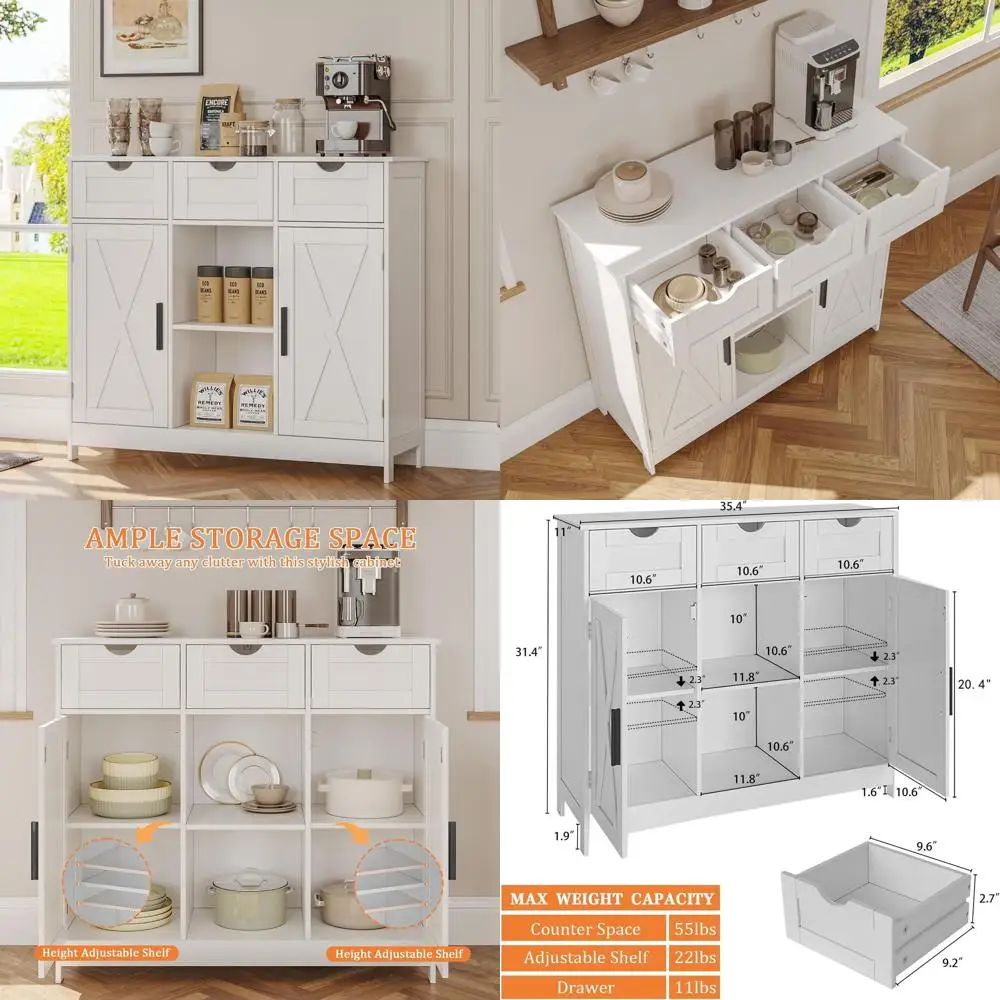 White 2-Door, 3-Drawer Coffee Bar Cabinet with Adjustable Shelves for Home Storage