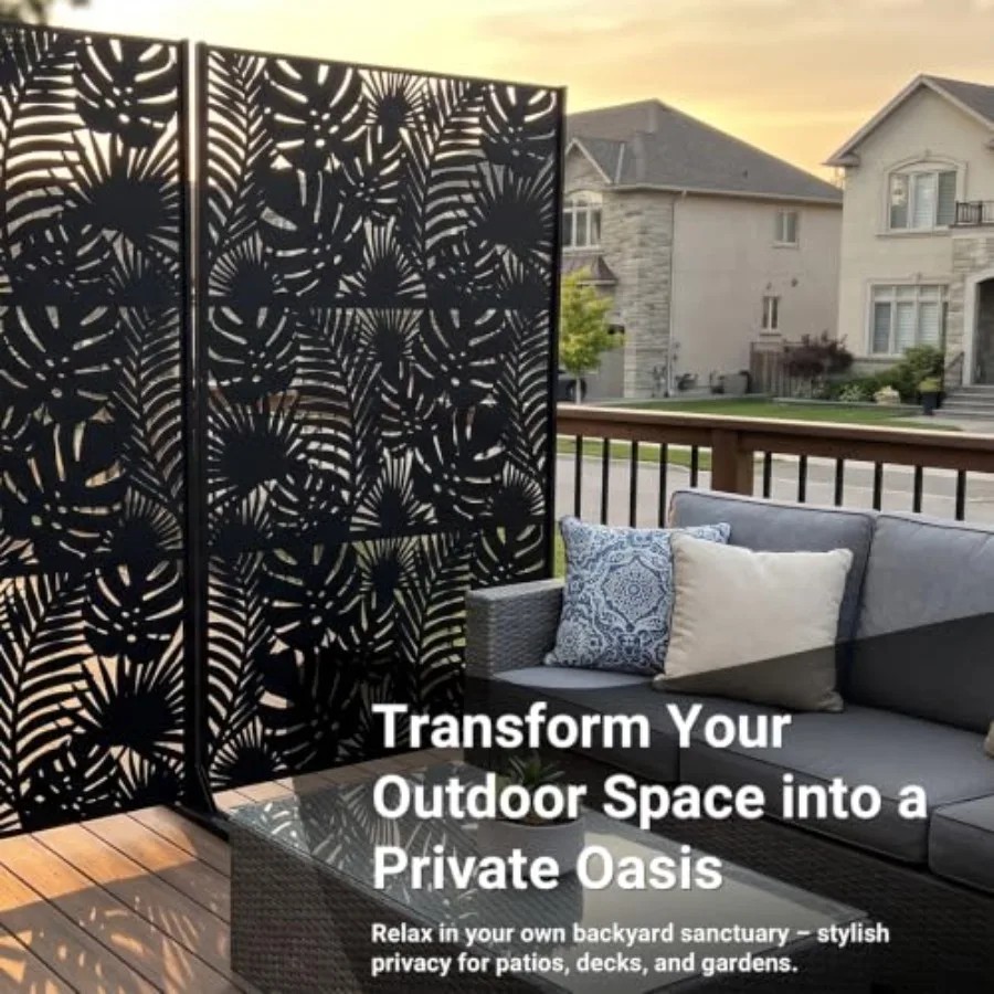 Outdoor Metal Privacy Screen Laser Cut Steel Garden Divider Panel in Tropical Leaf Design, Weatherproof Freestanding Modern Fen