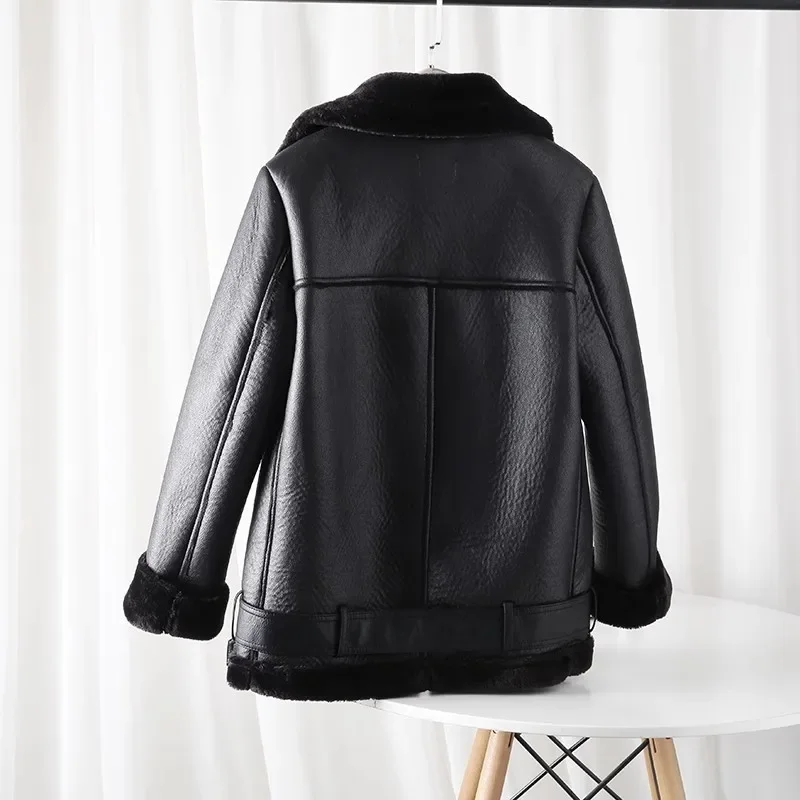 Classic Women's 2024 Double Sided biker Jacket with Thick fur Warm black women's jacket