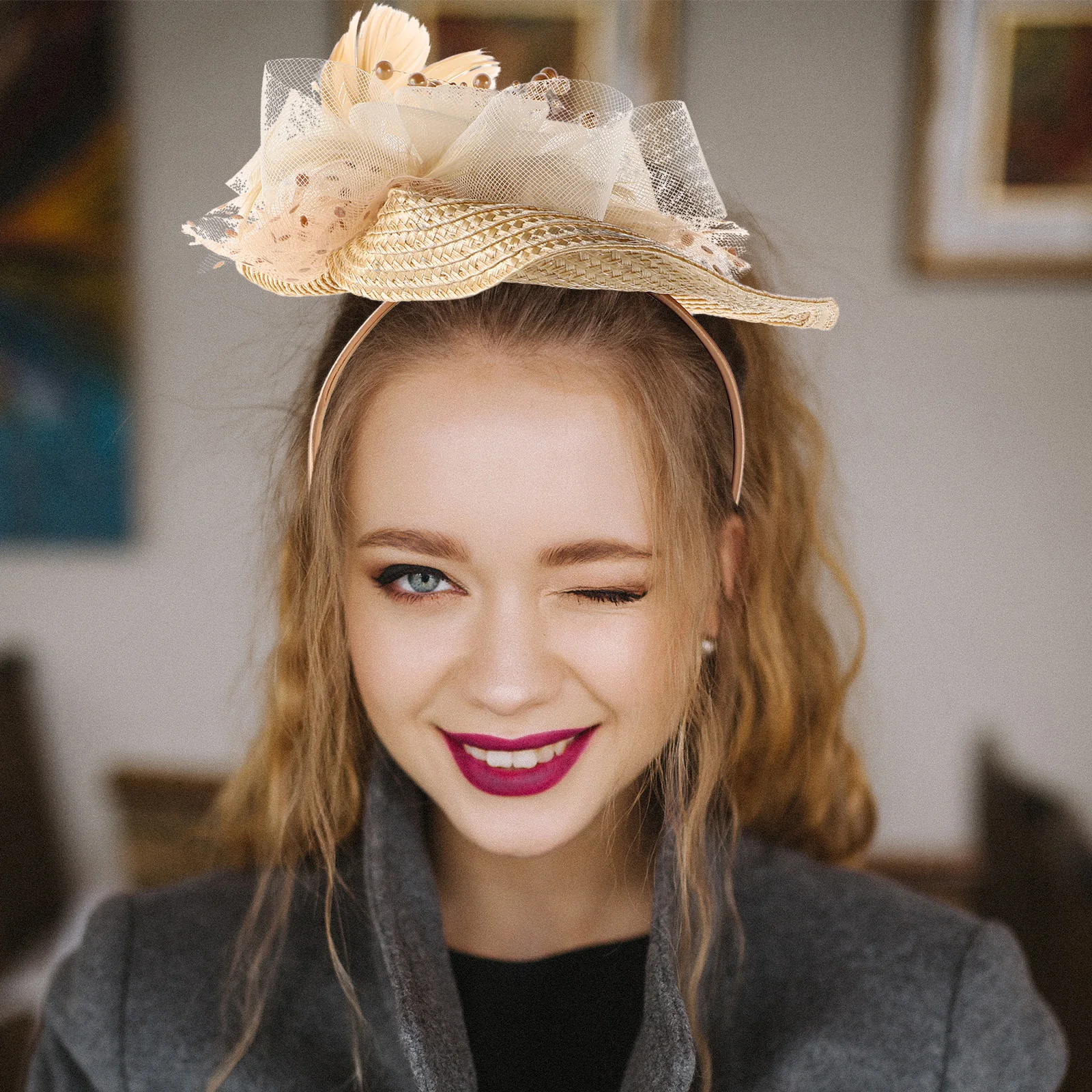 

Elegant Bridal Headpiece Lightweight Paper Straw Fascinator Hat Mesh Design Perfect For Weddings Tea Parties Women'S Fashion