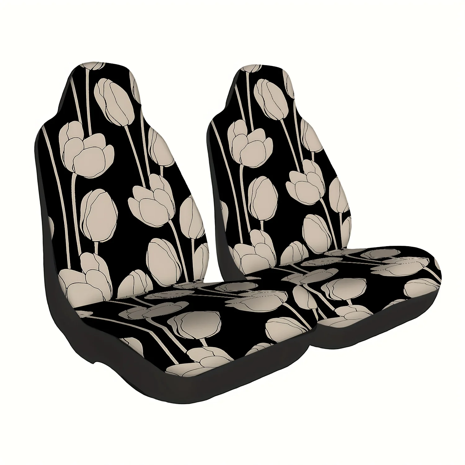 2pcs Beige Tulip Car Seat Covers, Durable, Suitable For Front Seats, Machine Washable, Suitable For Cars And SUVs, Ideal For Hal