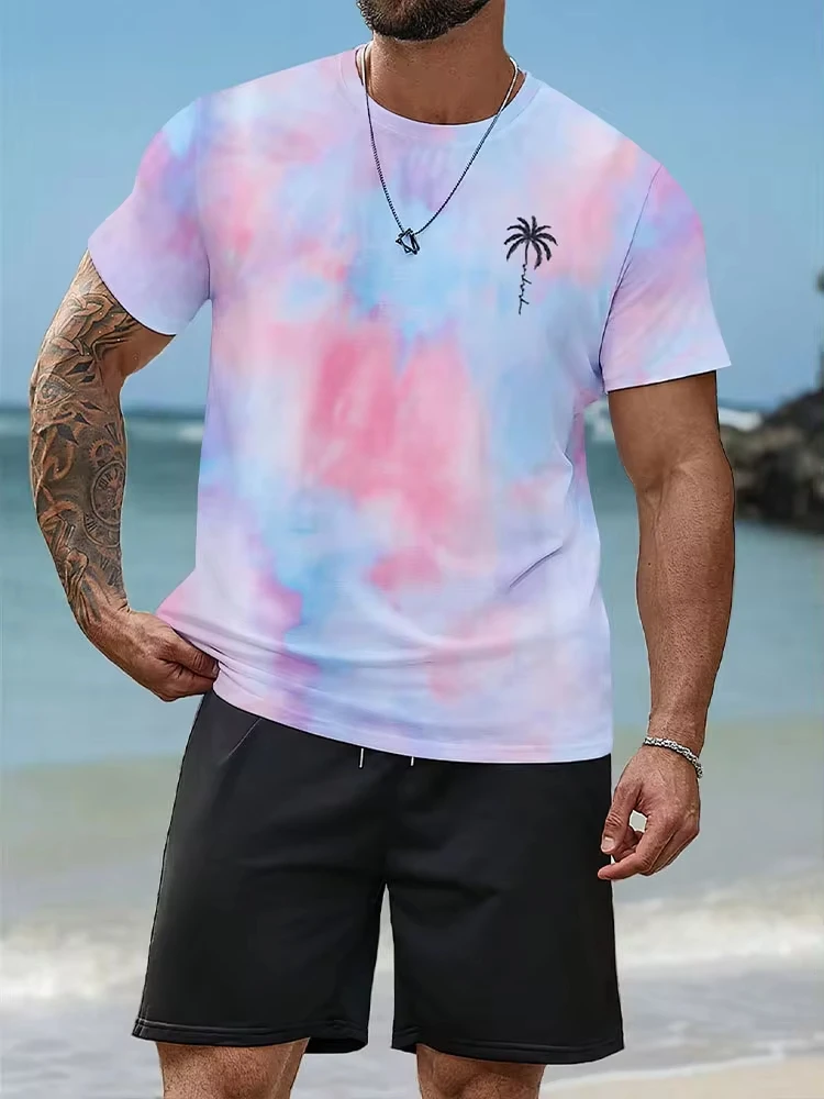 Summer Men's 2 Piece Set Hawaiian Fashion Casual Men's Short Sleeves T-shirt Oversized Beach Men's Shorts Palm Tree Print O-Neck