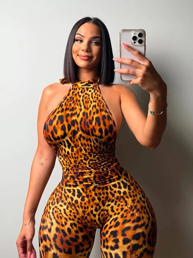 Sisterlinda Cleavage Halter Playsuits Fashion Leopard Printed Lace Up Off Shoulder Backless Slim Rompers Female Trend Clubwear