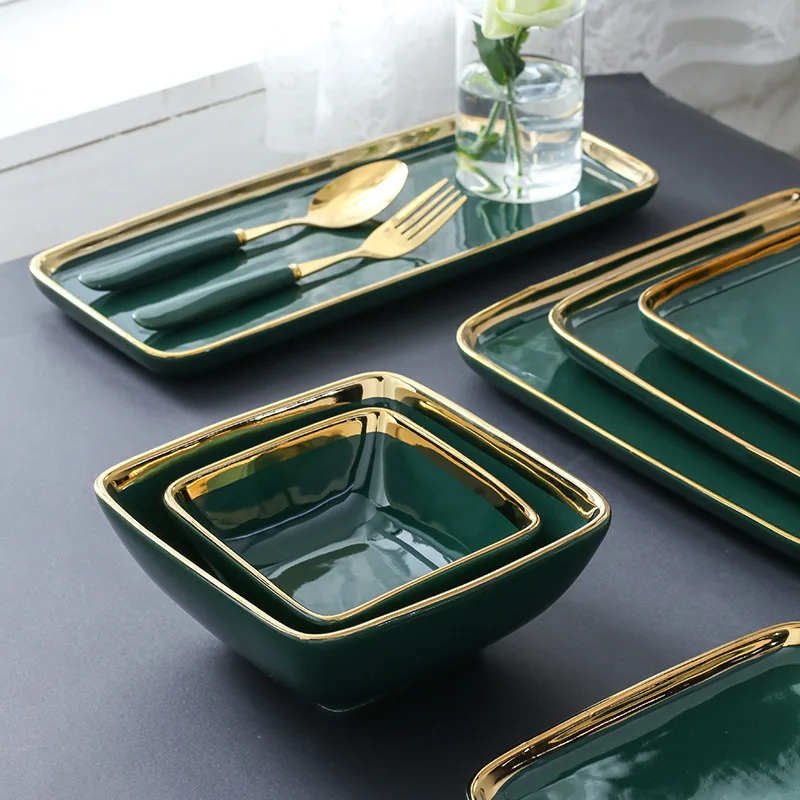 Modern Luxury Dark Green Ceramic Dinner Plate Dinner Cooking Dishes Home Golden Border Porcelain Steak Pasta Plate Tableware Set