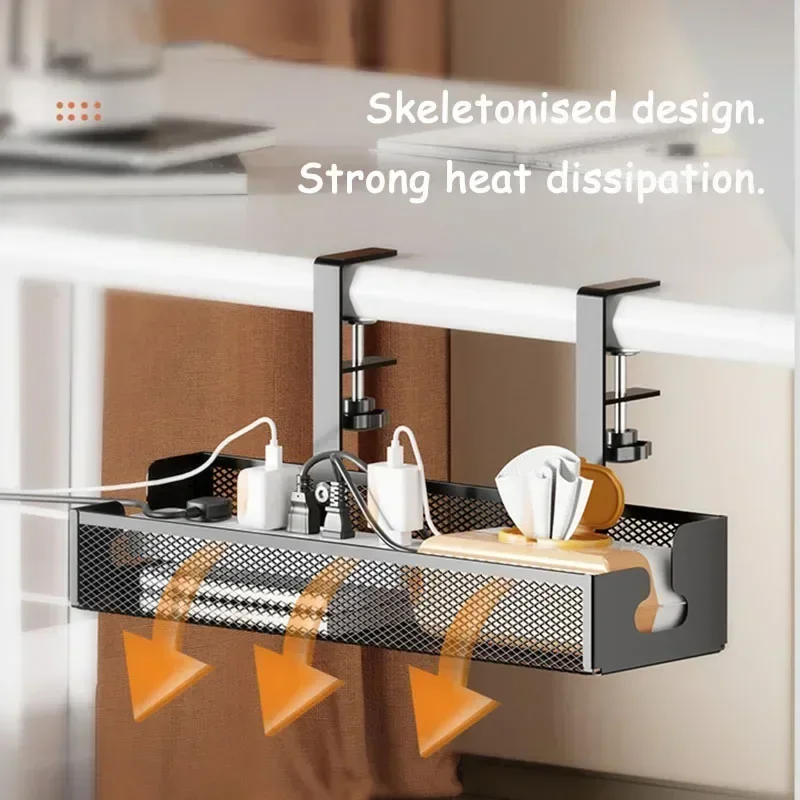 Large Capacity Clip-On Under Desk Cable Organizer - No Drilling Required, Space Saving Metal Cable Storage Basket for Home Desk